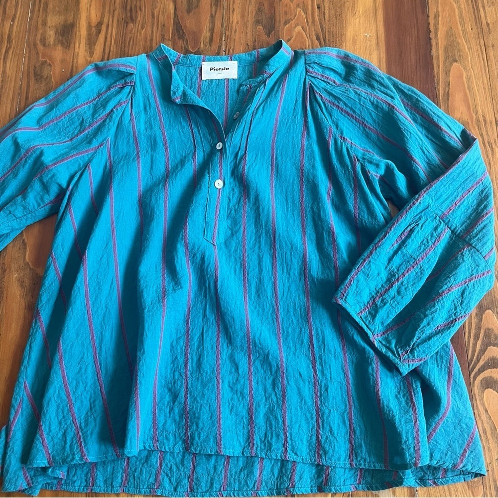 Pixie + Moss Teal Striped Cotton Blouse